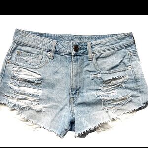 AE light wash HIRISE festival distressed 5 Pocket DENIM Jean SHORTS size: 6 EUC